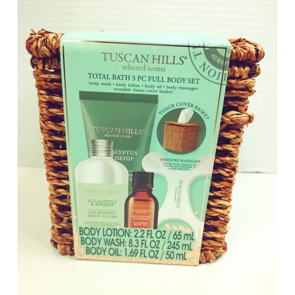Tuscan Hills Selected Scents Eucalyptus & Rosehip 5pc Bath Set Reusable Basket